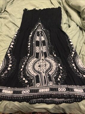 Black Strapless Above The knee with White Printed Boho Motif